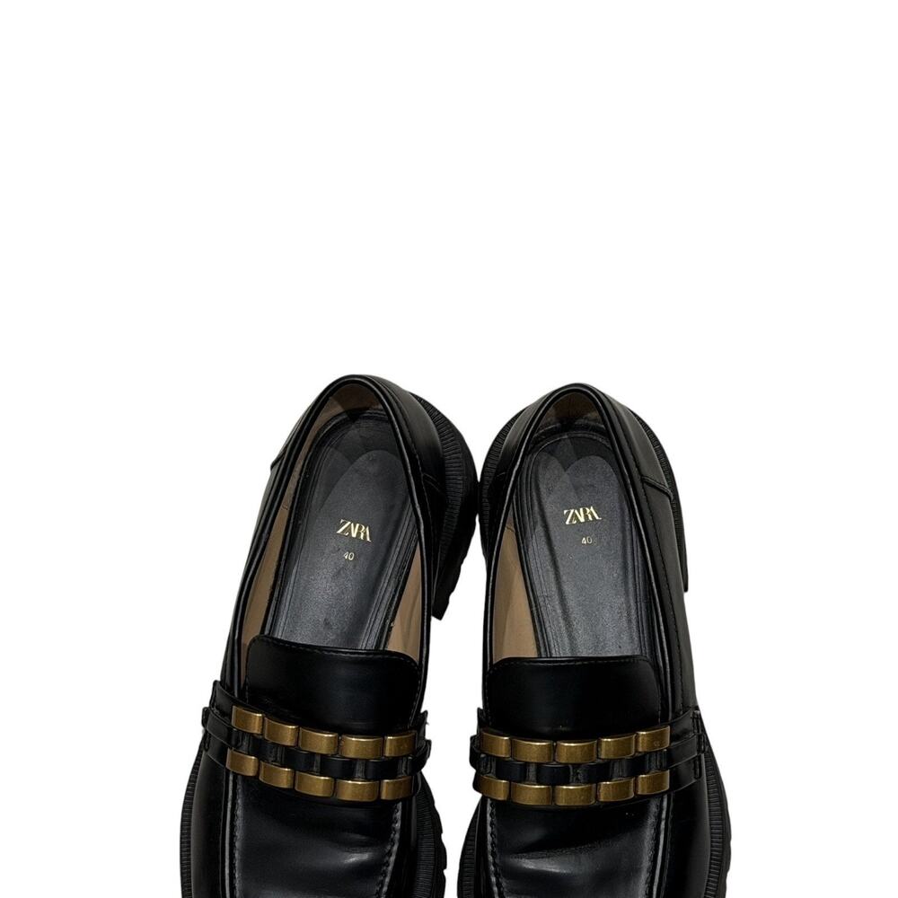 Zara Black Patent Faux Leather Chunky Loafers SZ 40 Gold Chain Punk Y2K - Picture 9 of 13